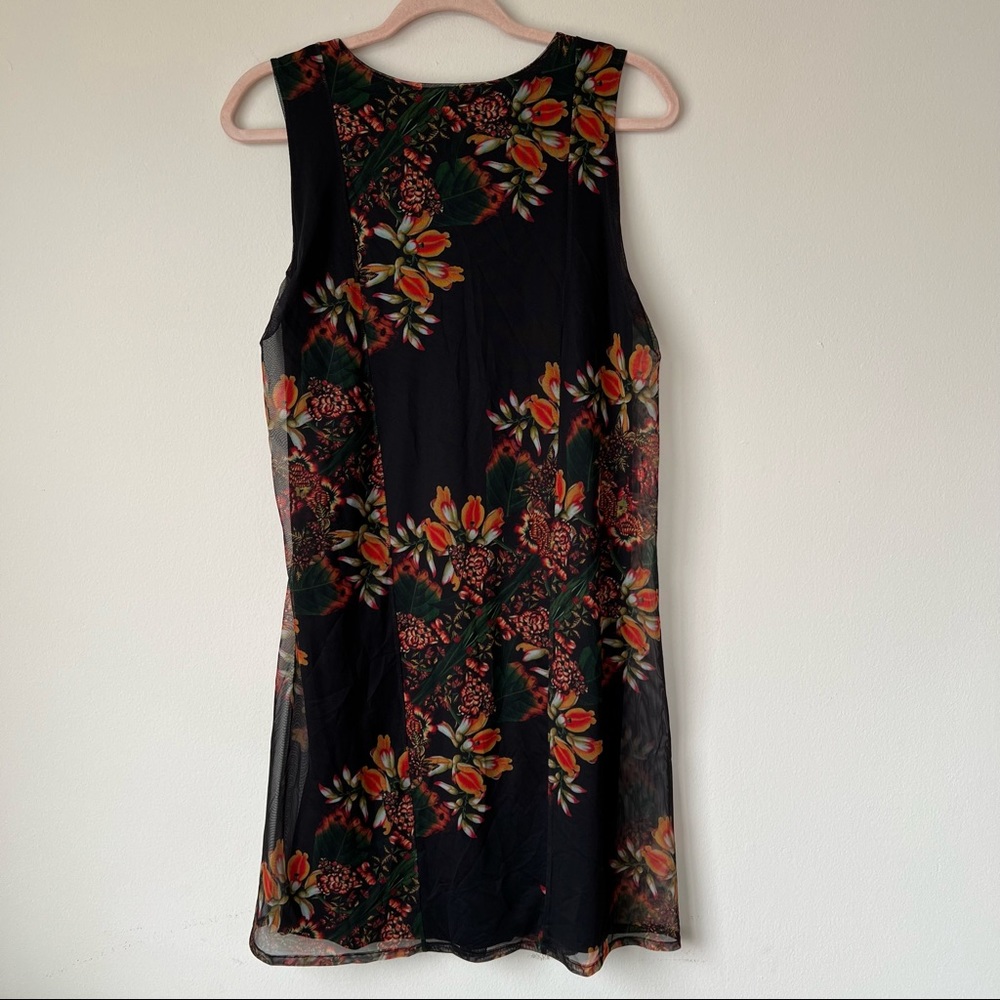 Desigual NWT Floral Print Sleeveless Shift Dress Mesh Overlay Size Large